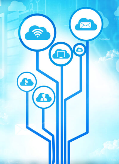 Abstract design showing interconnected icons for Azure Cloud Services in Japan, including email, collaboration, and computing