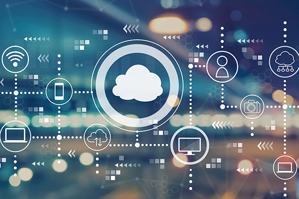 Cloud solutions graphic showing interconnected devices and cloud technology in Tokyo, Japan