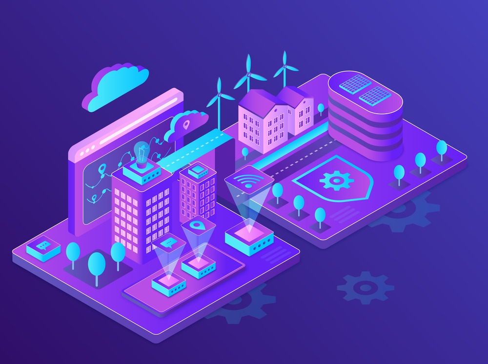 Innovative smart city neon isometric vector illustration