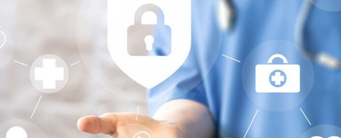 Healthcare professional and padlock icon concept image for healthcare data security