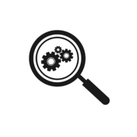 Icon of a gear with a magnifying glass symbolizing meticulous security analysis and quality control