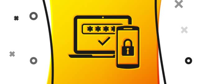 Multi factor authentication icon isolated on white background with yellow square